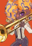  1girl 3: black_necktie black_pants blonde_hair blue_hair cephalopod_eyes closed_mouth cowboy_shot dark-skinned_female dark_skin eyelashes hair_over_one_eye highres holding holding_instrument holding_trombone horizontal_pupils instrument koike3582 legs_apart long_sleeves multicolored_hair necktie octoling orange_background pants pink_pupils short_hair simple_background solo splatoon_(series) standing suspenders tao_blu_(splatoon) tentacle_hair trombone two-tone_hair violet_eyes 