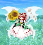  1girl black_vest closed_mouth commentary_request dress fairy fairy_wings flower frilled_dress frills full_body hair_flower hair_ornament happy holding holding_plant kiri0ai plant red_eyes redhead smile socks solo sunflower sunflower_fairy_(touhou) touhou two_side_up vest white_dress white_socks white_wings wings zun_(style) 