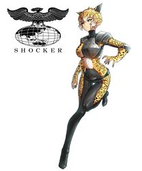  1girl animal_ears animal_print armor belt belt_buckle black_belt black_claws black_sclera body_fur buckle claws colored_sclera commentary cyborg eidenjyou1997 english_commentary genderswap genderswap_(mtf) highres jaguar_ears jaguar_girl jaguar_print jaguarman_(kamen_rider) kaijin kamen_rider kamen_rider_(1st_series) logo monster_girl navel shocker_(kamen_rider) simple_background solo white_background yellow_eyes 