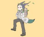  1boy animal_ear_fluff animal_ears backpack bag black_hair black_pants blunt_ends brown_bag brown_eyes brown_footwear coat commentary_request earrings fox_boy fox_ears fox_tail genshin_impact goggles goggles_around_neck green_eyes green_hair green_shirt grey_coat grey_hoodie hands_up himeko_(nico6v6pachi) hood hood_down hoodie jewelry kyoufuu_all_back_(vocaloid) leaf long_sleeves male_focus marching multicolored_eyes multicolored_hair official_alternate_costume open_clothes open_coat pants pocket shirt shoes short_hair simple_background single_earring solo streaked_hair tail tighnari_(genshin_impact) tighnari_(kiehls&#039;)_(genshin_impact) turtleneck v-shaped_eyebrows wind yellow_background 