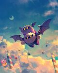  artist_name bat_wings blue_sky bronto_burt character_request check_character clouds crescent_moon flying gloves highres kirby kirby_(series) kracko looking_up mask meta_knight moon on_person revision sky star_(sky) starry_sky suyasuyabi twitter_username ufo_(kirby) waddle_dee wings yellow_eyes 