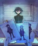  1boy alternate_design backlighting blurry bokeh danganronpa_(series) danganronpa_v3:_killing_harmony depth_of_field desk expressionless facing_viewer hair_between_eyes highres holding holding_paper indoors kumakoro_(tetsupag) looking_at_viewer male_focus oma_kokichi pale_skin paper pink_eyes pov pov_hands purple_hair school_uniform short_hair solo_focus spoilers upper_body wavy_hair window_blinds 