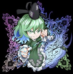  1girl black_hat chibi closed_mouth dress frilled_dress frills full_body ghost_tail green_dress green_eyes green_hair hat highres lightning long_sleeves looking_at_viewer multicolored_background ofuda ofuda_on_clothes short_hair soga_no_tojiko solo syaraku tate_eboshi touhou variant_set 