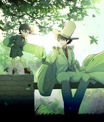  2boys absurdres avatra blue_eyes blue_jacket blue_shorts bow bowtie brown_hair can cape collared_shirt day drink drink_can edogawa_conan formal glasses hat highres holding holding_can holding_cape holding_clothes holding_drink holding_skateboard jacket kaitou_kid leaf magic_kaito male_focus meitantei_conan monocle monocle_chain multiple_boys nature necktie outdoors pants red_bow red_bowtie red_footwear red_necktie school_uniform shirt shoes shorts sitting skateboard smile soda_can suit top_hat tree white_cape white_hair white_pants white_suit 