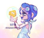  1girl blue_hair closed_eyes commentary_request commission dress fang highres korean_commentary medium_hair octoling octoling_girl octoling_player_character open_mouth sleeveless sleeveless_dress smile solo splatoon_(series) tearing_up tentacle_hair thick_eyebrows ufo_sw watermark white_dress 