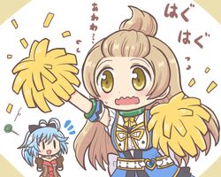  2girls :d azumi_hagumu azumi_hagumu_(cosplay) bad_id bad_twitter_id bangs_pinned_back blonde_hair blue_dress blue_hair brown_gloves cheering cheerleader commentary_request cosplay costume_switch dress gloves holding holding_pom_poms long_hair magia_record:_mahou_shoujo_madoka_magica_gaiden magical_girl mahou_shoujo_madoka_magica multiple_girls nervous notice_lines open_mouth pom_pom_(cheerleading) reverse_(bluefencer) sidelocks smile solid_oval_eyes solo_focus translation_request utsuho_natsuki utsuho_natsuki_(cosplay) wavy_mouth 