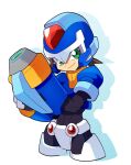  1boy arm_cannon armor blue_helmet blue_jacket brown_hair cowboy_shot cropped_jacket crotch_plate forehead_jewel green_eyes highres jacket looking_at_viewer mega_man_(series) mega_man_zx model_x_(mega_man) omeehayo power_armor short_hair simple_background solo spiky_hair vent_(mega_man) weapon white_background 