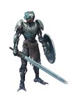  absurdres bionicle blue_eyes commentary english_commentary extra_eyes glowing glowing_eyes highres holding holding_shield holding_sword holding_weapon kanohi_(bionicle) kopaka_(bionicle) kory_cromie loincloth looking_at_viewer redesign shield sword the_lego_group weapon 