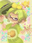  1boy abstract_background absurdres animal_on_head bird bird_on_head border chick closed_mouth commentary_request egg green_eyes green_hair green_hat green_shirt green_wristband hat highres holding holding_clothes holding_hat inkling inkling_boy inkling_player_character koyomi_yamai multicolored_background on_head outside_border print_shirt shirt short_hair smile solo splatoon_(series) splatoon_3 tentacle_hair unworn_headwear yellow_border 