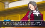  1girl ace_attorney amogan arm_up ascot black_vest blurry blurry_background buttons genderswap genderswap_(mtf) grey_eyes grey_hair highres jacket korean_text long_hair long_sleeves looking_ahead miles_edgeworth open_mouth red_jacket shirt solo teeth translation_request upper_teeth_only vest white_ascot white_shirt 
