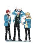  +++ 3boys :o aoba_tsumugi arms_up artist_name blowing_bubbles bubble ensemble_stars! full_body harukawa_sora haze_(ohw8g) highres holding looking_at_another male_focus motion_lines multiple_boys necktie sakasaki_natsume school_uniform shadow shoes side-by-side simple_background sound_effects sparkle standing switch_(ensemble_stars!) waving_arms wavy_mouth white_background yumenosaki_school_uniform 