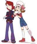  1boy 1girl absurdres blue_overalls blush brown_hair crossed_arms full_body hand_on_another&#039;s_shoulder hat highres kneehighs lyra_(pokemon) open_mouth overalls pokemon pokemon_hgss red_footwear redhead signature silver_(pokemon) socks standing transparent_background waackery white_hat 
