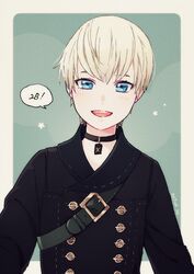  1boy 9s_(nier:automata) belt blue_eyes choker grey_hair jacket looking_at_viewer male_focus malt_40 nier:automata nier_(series) no_blindfold open_mouth smile solo upper_body 