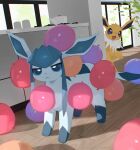  animal_ears animal_focus balloon blue_eyes blue_fur closed_mouth glaceon indoors jolteon kitchen nagasaki_wonderful pokemon pokemon_(creature) standing tail two-tone_fur white_fur window wooden_floor yellow_fur 