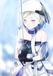  1girl bare_shoulders beret black_gloves black_pantyhose blonde_hair blue_hair cowboy_shot dress gloves gradient_hair hat jean_bart_(kancolle) kantai_collection kimura_shiki mole mole_under_eye multicolored_clothes multicolored_hair multicolored_scarf off-shoulder_dress off_shoulder one-hour_drawing_challenge pantyhose parted_lips rain scarf short_hair simple_background solo standing strapless strapless_dress two-tone_dress umbrella violet_eyes white_background white_dress white_hat 