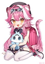  1girl aged_down animal_ear_fluff animal_ears ankle_boots backpack bag beret black_hat boots hat highres hololive hololive_english long_hair looking_at_viewer multicolored_hair nail_polish noi_mine open_mouth panther_ears panther_girl panther_tail pink_hair pink_nails randoseru raora_panthera red_bag shorts simple_background smile streaked_hair tail teeth thigh-highs upper_teeth_only very_long_hair vest virtual_youtuber white_background white_footwear white_hair white_shorts white_thighhighs white_vest 