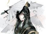  1boy bird black_hair black_hanfu burnt chinese_clothes chinese_commentary closed_mouth expressionless folding_fan grey_eyes hair_bun hair_over_one_eye hand_fan hanfu long_hair looking_at_viewer male_focus modao_zushi nie_huaisang portrait shellymay solo tassel xiao_guan_(headdress) 