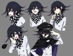  1boy arm_belt belt black_cloak black_hat black_scarf buttons chain checkered_clothes checkered_scarf cloak collared_cloak colored_tips commentary_request cropped_torso crying crying_with_eyes_open danganronpa_(series) danganronpa_v3:_killing_harmony double-breasted finger_to_mouth frown grey_background hair_between_eyes hand_on_headwear hand_on_own_face hat high_collar jacket layered_sleeves leaning_to_the_side long_sleeves male_focus multicolored_buttons multicolored_hair multiple_views oma_kokichi open_mouth palms peaked_cap purple_cloak purple_hair scarf short_hair simple_background sleeves_past_wrists smile smirk streaming_tears tamaon tears teeth two-sided_cloak two-sided_fabric two-tone_scarf upper_body upper_teeth_only v-shaped_eyebrows violet_eyes white_belt white_jacket white_scarf white_sleeves 