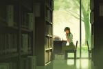  1girl bag black_hair book bookshelf closed_mouth day hand_on_own_chin highres indoors library long_hair on_chair original sitting skirt solo table taizo_(taizo_03) tree writing 