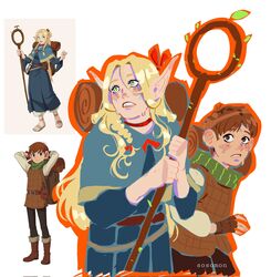  1boy 1girl animal_ears artist_name backpack bag bedroll blonde_hair blue_capelet blue_eyes blush brown_hair brown_shirt capelet chilchuck_tims clenched_teeth cowboy_shot dungeon_meshi elf green_scarf highres holding holding_staff long_hair marcille_donato nervous open_mouth pink_lips pointy_ears reference_inset scarf shirt short_hair simple_background sosomon staff sweat teeth white_background 