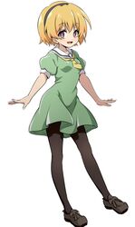  1girl :d arms_at_sides black_footwear black_hairband black_pantyhose blonde_hair bright_pupils commentary_request dress fang floating_hair full_body green_dress hair_between_eyes hairband highres higurashi_no_naku_koro_ni houjou_satoko looking_at_viewer neckerchief nishizuki_shino open_mouth pantyhose puffy_short_sleeves puffy_sleeves sailor_collar short_dress short_hair short_sleeves simple_background skin_fang smile solo standing tareme violet_eyes white_background white_pupils white_sailor_collar yellow_neckerchief 