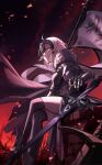  1girl absurdres ahoge armor armored_dress banner black_cape black_dress black_thighhighs breasts cape chain dress fate/grand_order fate_(series) faulds flag fur-trimmed_cape fur_trim gauntlets headpiece highres holding holding_flag jeanne_d&#039;arc_alter_(avenger)_(fate) jeanne_d&#039;arc_alter_(avenger)_(first_ascension)_(fate) jeanne_d&#039;arc_alter_(fate) large_breasts looking_at_viewer minyork plackart reaching short_hair smile solo standard_bearer sword thigh-highs torn_cape torn_clothes weapon white_flag white_hair yellow_eyes 