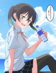  1girl black_hair black_thighhighs blue_shirt blue_skirt blue_sky blurry blurry_background blush bottle clouds commentary_request gradient_hair green_eyes green_hair hair_between_eyes highres holding holding_bottle looking_at_viewer love_live! love_live!_nijigasaki_high_school_idol_club multicolored_hair neck_ribbon nijigasaki_academy_school_uniform open_mouth pink_ribbon plaid plaid_skirt ribbon school_uniform shinonome_sakura shirt short_sleeves sidelocks sitting skirt sky solo speech_bubble summer_uniform takasaki_yu thigh-highs translation_request twintails upper_body water_bottle 