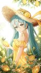  1girl absurdres bare_shoulders blue_hair caron commentary_request cowboy_shot day dress earrings flower food frilled_dress frills from_side fruit green_eyes hair_between_eyes hat hat_flower hat_ribbon hatsune_miku highres holding holding_food holding_fruit jewelry leaf lemon lemon_blossoms lemon_slice long_hair looking_at_viewer looking_to_the_side outdoors plant ribbon solo spaghetti_strap sparkle straw_hat sun_hat sunlight twintails very_long_hair vocaloid white_flower yellow_dress yellow_ribbon yellow_theme 