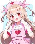  1girl :d apron bad_id bad_twitter_id blush center_frills commentary_request double_v fang frills hair_ornament hands_up hat heart heart_print highres long_hair looking_at_viewer natori_sana nekomachi_nao nurse_cap open_mouth pink_apron puffy_short_sleeves puffy_sleeves rabbit_hair_ornament red_eyes sana_channel shirt short_sleeves smile solo two_side_up upper_body v virtual_youtuber white_shirt 