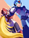  2boys arm_cannon armor artist_logo artist_name blonde_hair blue_armor blue_background blue_eyes blue_helmet chest_jewel dwn0001130 forehead_jewel glaze_artifacts green_eyes highres long_hair mega_man_(series) mega_man_x_(series) multiple_boys red_armor red_background red_helmet shoulder_armor smile very_long_hair weapon x_(mega_man) z_buster z_saber zero_(mega_man) 