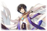  1boy artist_request black_hair blue_gemstone brooch coat code_geass code_geass:_lost_stories cropped_torso game_cg gem half-closed_eyes happy highres jewelry lelouch_vi_britannia long_sleeves looking_at_viewer male_focus non-web_source official_art parted_lips short_hair sidelocks simple_background smile solo standing teeth transparent_background upper_body violet_eyes white_coat 
