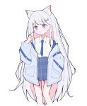  1girl :| absurdres animal_ear_fluff animal_ears ayatsuno_yuni belt blue_belt blue_necktie blue_skirt blush breasts cat_ears closed_mouth collared_shirt commentary_request cropped_legs dot_nose extra_ears finger_to_face furrowed_brow grey_hair grey_jacket hair_behind_ear hair_ornament hairclip hand_in_pocket hand_up head_tilt highres jacket long_hair long_sleeves medium_breasts miniskirt morphling_(artist) necktie off_shoulder open_clothes open_jacket plaid plaid_skirt pleated_skirt puffy_long_sleeves puffy_sleeves shirt shirt_tucked_in simple_background skirt solo standing star-shaped_pupils star_(symbol) stellive symbol-shaped_pupils thick_eyelashes very_long_hair violet_eyes virtual_youtuber white_background white_shirt 
