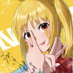  1girl absurdres blonde_hair blue_sweater bocchi_the_rock! bow bowtie character_name closed_mouth commentary english_commentary foreground_text hair_ornament hand_on_own_face hands_up highres ijichi_nijika long_sleeves looking_at_viewer neck_ribbon parted_bangs red_bow red_bowtie red_eyes red_ribbon ribbon seisyuntarotto side_ponytail sidelocks simple_background smile solo sweater tongue tongue_out v yellow_background 