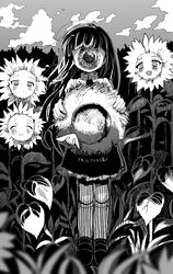  1girl blurry blurry_foreground blush closed_eyes closed_mouth clouds day faceswap facing_viewer field floating_hair flower flower_field greyscale grin hat holding holding_clothes holding_hat kneehighs long_hair looking_at_viewer mero_(o0x0o0o) monochrome open_mouth original outdoors shirt shoes skirt smile socks standing straight-on straw_hat sun_hat sunflower sunflower_field surreal translation_request 