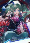  1girl :d absurdres arrow_(symbol) black_jacket black_skirt blue_eyes blue_nails blush bow bowtie breasts buttons collared_shirt commentary_request cowboy_shot double-breasted falling_petals fingernails frilled_sleeves frilled_wrist_cuffs frills green_hair hair_ornament hand_up hatsune_miku highres holding holding_instrument holding_plectrum instrument instrument_request jacket large_breasts leo/need_miku long_hair looking_at_viewer mihoranran multicolored_hair nail_polish open_mouth parted_bangs petals pink_bow pink_bowtie plaid plaid_skirt plaid_sleeves plaid_wrist_cuffs plectrum project_sekai red_skirt red_sleeves redhead safety_pin shirt shooting_star_(symbol) short_sleeves shoulder_strap sidelocks skirt smile solo star_(symbol) starry_background streaked_hair thick_eyelashes twintails v-shaped_eyebrows vocaloid white_shirt wrist_cuffs 