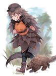  1girl animal animal_ears arm_pouch arms_behind_back boots breast_pocket brown_hair brown_shirt brown_skirt cabbie_hat closed_eyes creature_and_personification extra_ears full_body hat hood hood_down hooded_shirt kemono_friends kemono_friends_3 leaning_forward long_hair orange_shirt pangolin pangolin_ears pangolin_tail pantyhose parted_lips pocket puffy_short_sleeves puffy_sleeves saba_ru shirt short_sleeves skirt smile tail temminck&#039;s_pangolin_(kemono_friends) two-tone_shirt very_long_hair walking zipper_pull_tab 