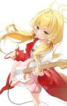  1girl absurdres ahoge blonde_hair blue_archive blush cable closed_mouth commentary_request electric_guitar guitar guo_chan halo highres instrument jacket long_hair looking_at_viewer low_twintails music official_alternate_costume official_alternate_hairstyle pink_skirt playing_instrument pleated_skirt print_shirt red_jacket shirt simple_background single_off_shoulder skirt smile socks solo standing twintails white_background white_shirt white_socks yellow_eyes yellow_halo yoshimi_(band)_(blue_archive) yoshimi_(blue_archive) 