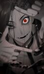  1boy arms_up blurry crazy_eyes fangs greyscale jamil_viper long_hair monochrome open_mouth twisted_wonderland 