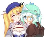  2girls blonde_hair blue_hat dokibird_(vtuber) dress gradient_hair green_hair grey_jacket hair_between_eyes hair_ornament hat indie_virtual_youtuber jacket long_hair magnifying_glass mint_fantome multicolored_hair multiple_girls open_mouth ricegnat simple_background sleeves_past_wrists triangular_headpiece twintails very_long_hair virtual_youtuber white_background white_hair x_hair_ornament 