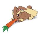  animal_focus animalization black_sclera brown_fur carrot colored_sclera commentary eating english_commentary highres llyanatherasll lopunny no_humans pink_eyes pokemon pokemon_(creature) rabbit simple_background white_background 