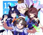  4girls absurdres animal_ears beret black_hair blue_hair breasts brown_hair closed_eyes closed_mouth dark_blue_hair earrings from_behind gentildonna_(umamusume) gold_ship_(umamusume) grey_hair hat highres hokko_tarumae_(umamusume) jewelry large_breasts looking_at_viewer medium_breasts mochiyukimi21 multiple_girls red_eyes ribbon school_uniform simple_background single_earring smile sweat tracen_school_uniform umamusume verxina_(umamusume) violet_eyes 