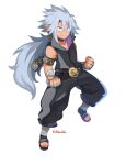  1boy absurdres aged_up anini bandaged_arm bandages belt black_pants clenched_hands demon_boy disgaea feet fingerless_gloves fingernails full_body gloves hair_between_eyes highres long_hair looking_at_viewer makai_senki_disgaea_5 male_focus muscular muscular_male pants pointy_ears ponytail sandals sleeveless smile toenails toes werewolf white_background white_hair yellow_eyes zeroken_(disgaea) 