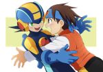  2boys ayla_kazemi black_hair black_shorts blue_bodysuit blue_headband blue_helmet blush bodysuit brothers brown_eyes brown_hair emblem green_eyes headband hug lan_hikari_(mega_man) mega_man_(series) mega_man_battle_network_(series) megaman.exe multiple_boys orange_vest shirt shorts siblings simple_background spiky_hair twins upper_body vest white_background white_shirt yellow_background 