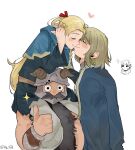  2boys 2girls ? absurdres beard blonde_hair blue_cape blue_robe blush braid brown_hair cape carrying chilchuck_tims closed_eyes closed_mouth dungeon_meshi facial_hair fake_horns falin_touden falin_touden_(tallman) half_updo heart helmet highres horned_helmet horns kiss light_brown_hair long_hair marcille_donato multiple_boys multiple_girls mustache nervous_sweating piggyback robe senshi_(dungeon_meshi) short_hair simple_background smile sparkle sweat sweatdrop thumbs_up twitter_username white_background xy_424 yuri 