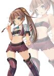  1girl absurdres alternate_costume bandeau boots breasts brown_hair clothes_writing cropped_jacket feet_out_of_frame grey_eyes hair_ribbon highres jacket kantai_collection kazagumo_(kancolle) long_hair looking_at_viewer midriff multiple_views ponytail purple_bandeau purple_footwear purple_shorts racequeen ribbon shorts simple_background small_breasts thigh_boots white_background white_jacket yashin_(yasinz) zoom_layer 
