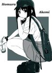 1girl akemi_homura arm_support backpack bag baseball_cap boots character_name cup drinking_straw expressionless from_side greyscale hand_on_own_chin hat highres holding holding_cup long_hair looking_afar mahou_shoujo_madoka_magica mahou_shoujo_madoka_magica_(anime) monochrome platform_boots platform_footwear riuriumagi shirt sitting solo squatting watch watch 