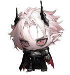  1boy arknights armor black_cloak chibi chinese_commentary cloak closed_mouth commentary_request earrings full_body fur-trimmed_cloak fur_collar fur_trim gradient_hair highres jewelry male_focus multicolored_hair nine5895254196 pauldrons pink_eyes pink_hair pointy_ears shoulder_armor simple_background solo theresis_(arknights) white_background white_hair 