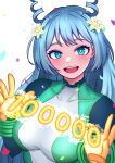  1girl :d blue_bodysuit blue_eyes blue_hair bodysuit boku_no_hero_academia commentary_request confetti congratulations drill_hair flower gloves green_bodysuit hadou_nejire hair_flower hair_horns hair_ornament highres long_hair looking_at_viewer milestone_celebration multicolored_bodysuit multicolored_clothes open_mouth smile solo superhero_costume teeth thea_(_tea_) twin_drills upper_teeth_only yellow_gloves 