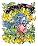  1girl angel&#039;s_trumpet artist_name banner blackletter blue_hair braid english_text flower hair_ornament holding_banner leaf long_hair maruti_bitamin original painting_(medium) pink_eyes pink_shirt plant_name poison profile shirt side_braids simple_background sleeves_past_elbows smile traditional_media upper_body watercolor_(medium) white_background yellow_flower 
