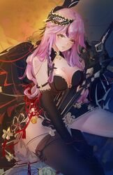  1girl absurdres bare_shoulders black_dress black_gloves breasts dress gloves green_eyes highres lan_(tower_of_fantasy) mask medium_breasts ming_(pixiv_89057951) pink_hair sword tower_of_fantasy weapon 